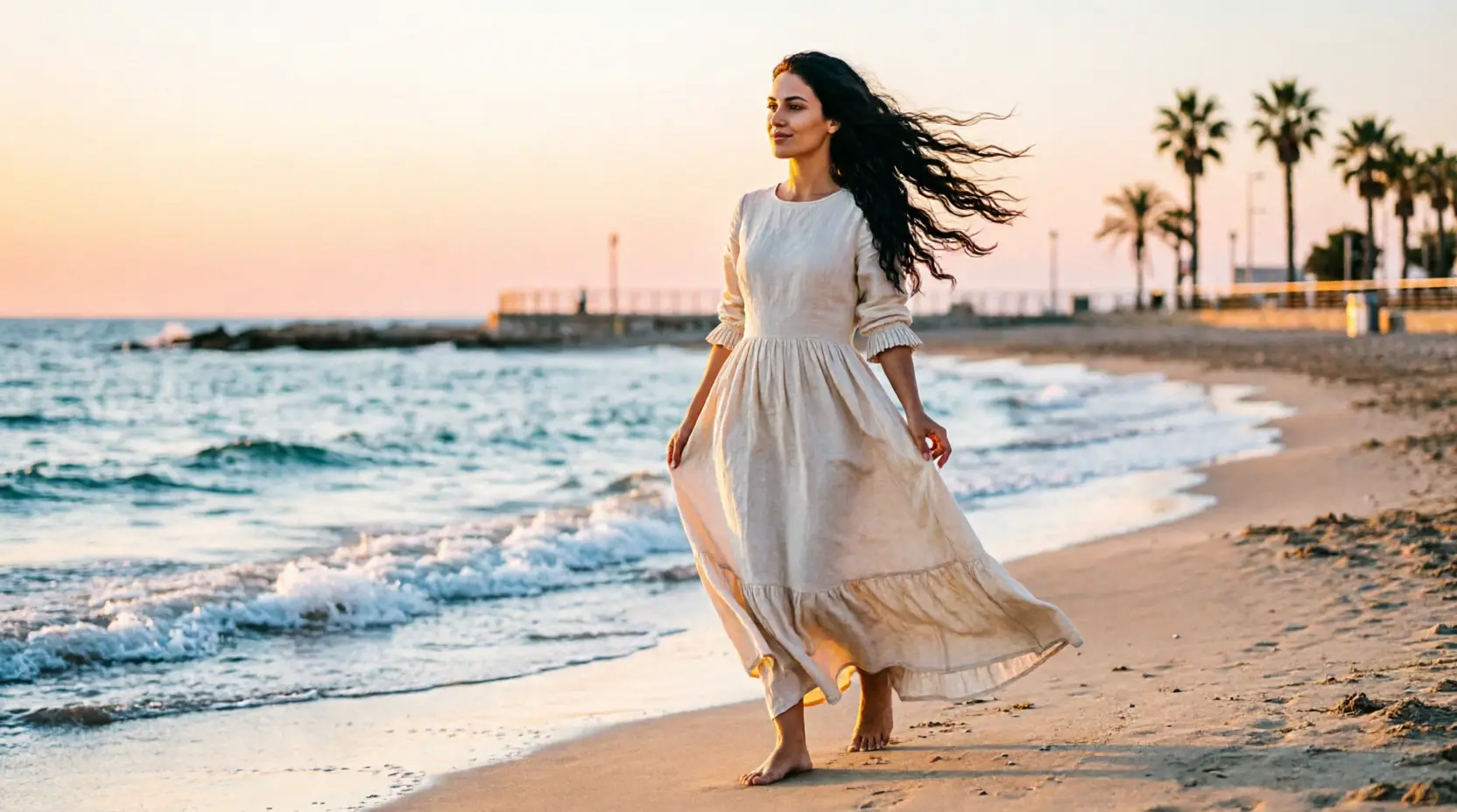 Mujer caminando por la playa al atardecer