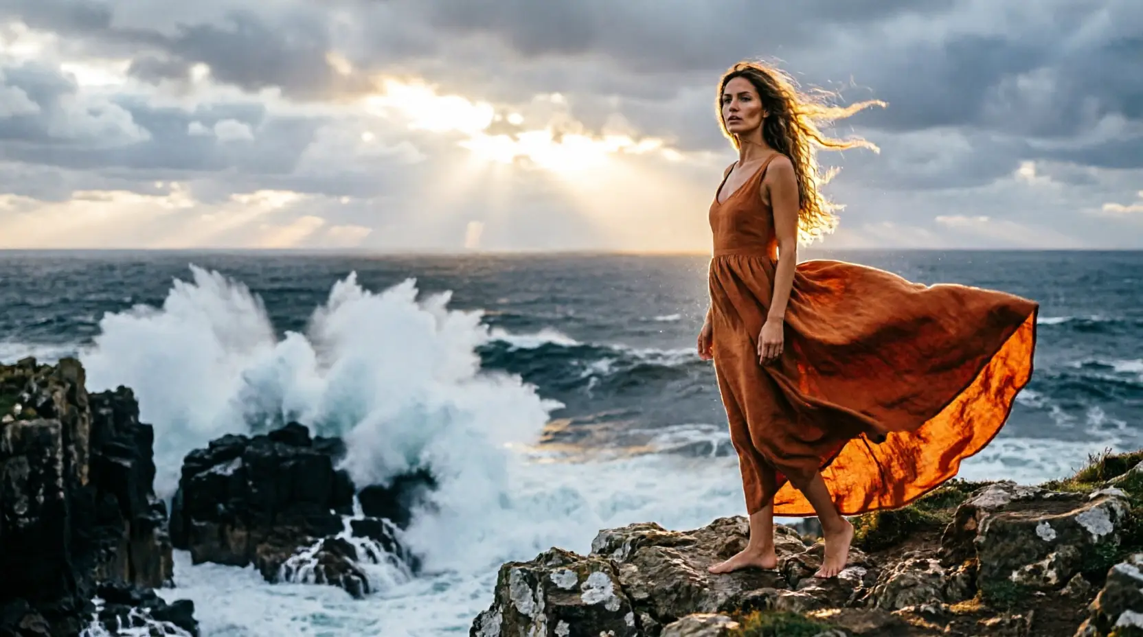 Mujer con vestido flotando frente al mar